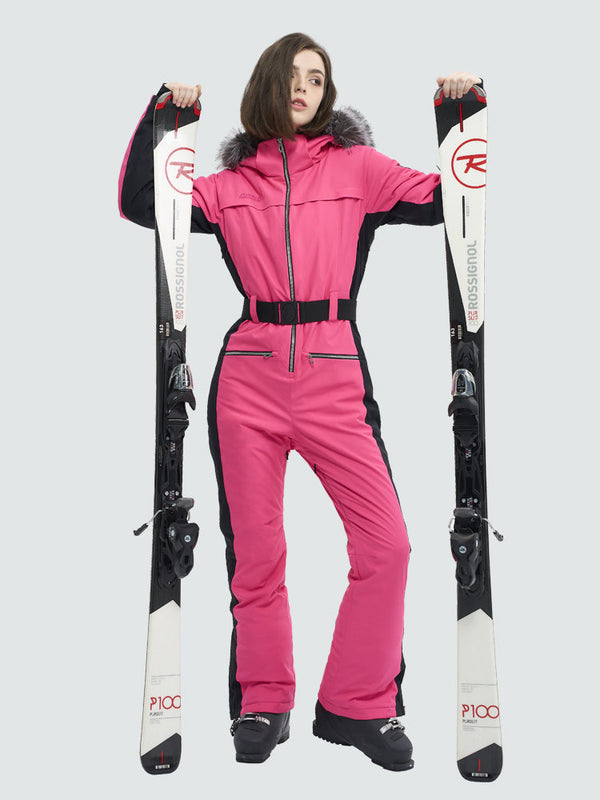 Damen-Skioverall mit hohem Tragekomfort, elegantem Berg-Chic-Stil, Kunstpelzbesatz und ausgestelltem Bein