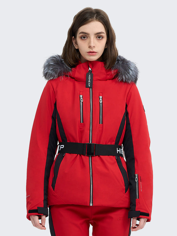 SnowCharm Damen-Daunen-Skijacke mit abnehmbarem Fellfutter, isoliert und schmal geschnitten