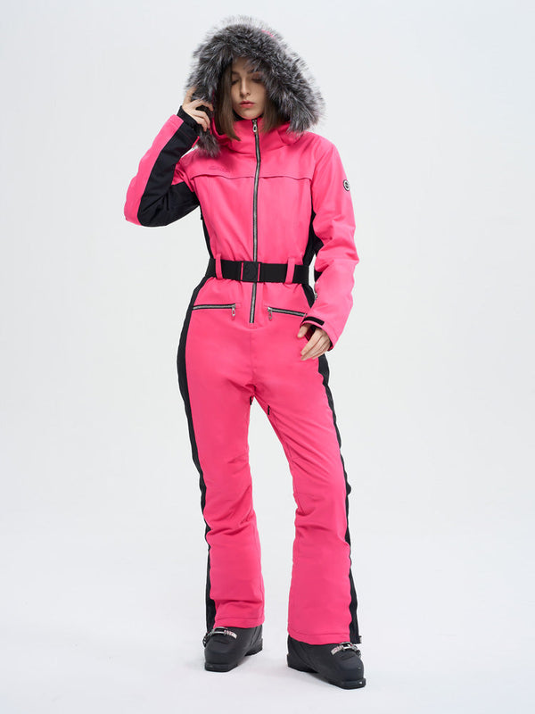 Damen-Skioverall mit hohem Tragekomfort, elegantem Berg-Chic-Stil, Kunstpelzbesatz und ausgestelltem Bein
