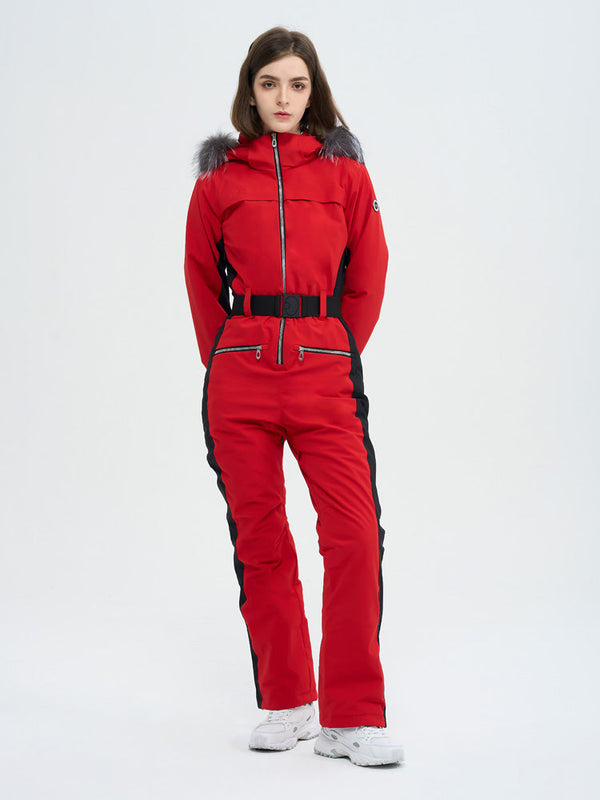 Damen-Skioverall mit hohem Tragekomfort, elegantem Berg-Chic-Stil, Kunstpelzbesatz und ausgestelltem Bein