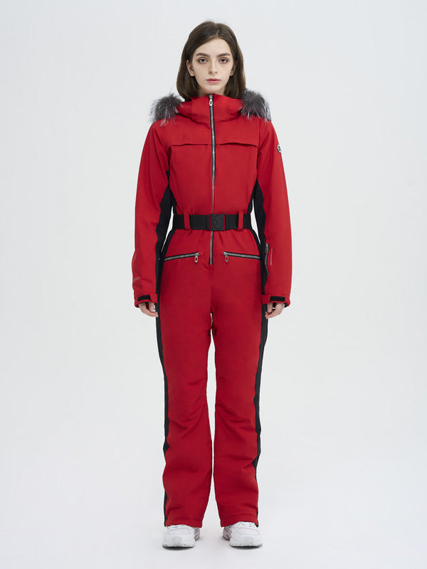 Damen-Skioverall mit hohem Tragekomfort, elegantem Berg-Chic-Stil, Kunstpelzbesatz und ausgestelltem Bein