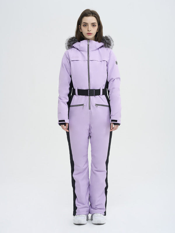 Damen-Skioverall mit hohem Tragekomfort, elegantem Berg-Chic-Stil, Kunstpelzbesatz und ausgestelltem Bein