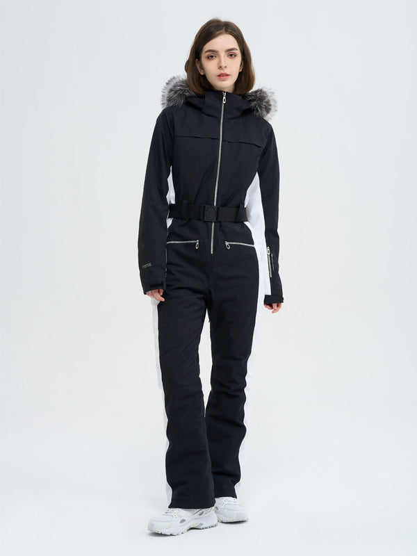 Damen-Skioverall mit hohem Tragekomfort, elegantem Berg-Chic-Stil, Kunstpelzbesatz und ausgestelltem Bein