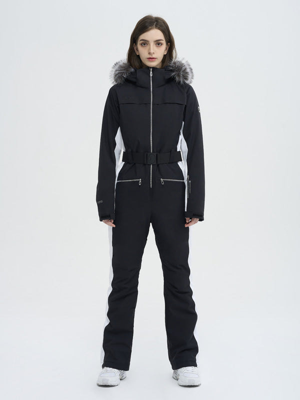 Damen-Skioverall mit hohem Tragekomfort, elegantem Berg-Chic-Stil, Kunstpelzbesatz und ausgestelltem Bein