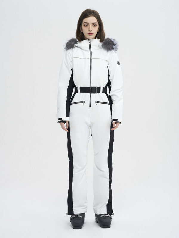 Damen-Skioverall mit hohem Tragekomfort, elegantem Berg-Chic-Stil, Kunstpelzbesatz und ausgestelltem Bein