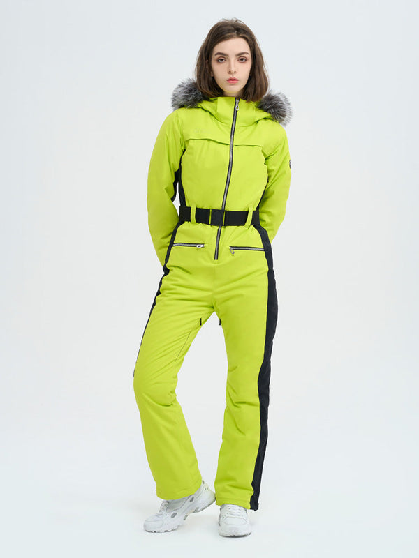 Damen-Skioverall mit hohem Tragekomfort, elegantem Berg-Chic-Stil, Kunstpelzbesatz und ausgestelltem Bein