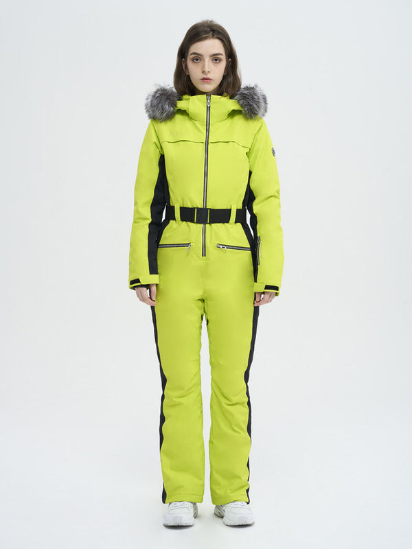 Damen-Skioverall mit hohem Tragekomfort, elegantem Berg-Chic-Stil, Kunstpelzbesatz und ausgestelltem Bein