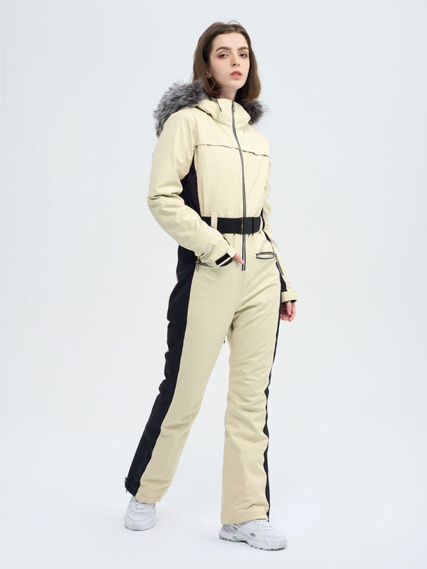 Damen-Skioverall mit hohem Tragekomfort, elegantem Berg-Chic-Stil, Kunstpelzbesatz und ausgestelltem Bein