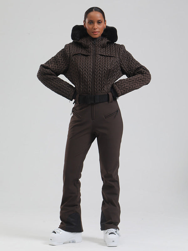 Gsou Damen-Skioverall „Snow Mountain Chic“ mit Kunstpelzbesatz und ausgestelltem Bein
