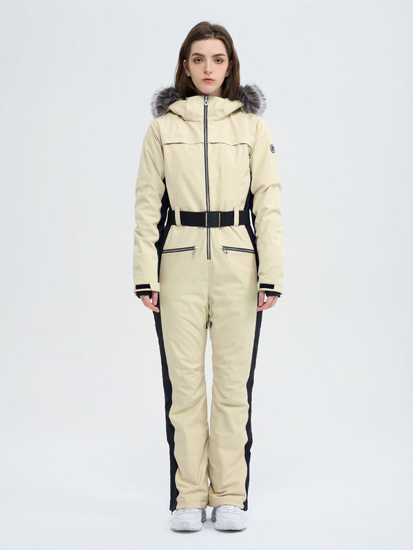 Damen-Skioverall mit hohem Tragekomfort, elegantem Berg-Chic-Stil, Kunstpelzbesatz und ausgestelltem Bein