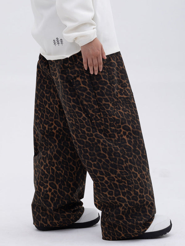 Damen-Skihose mit doppeltem Knie, Leopardenmuster, weit geschnitten, für Mountain Freestyle, Baggy-Stil