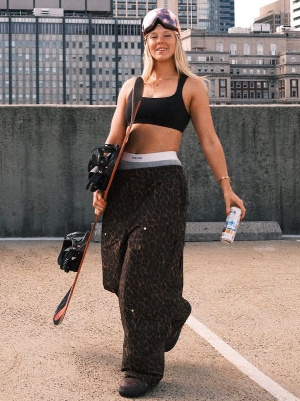 Damen-Skihose mit doppeltem Knie, Leopardenmuster, weit geschnitten, für Mountain Freestyle, Baggy-Stil