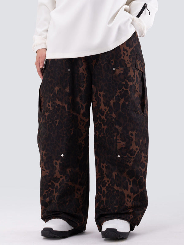 Herren-Skihose mit doppeltem Knieausschnitt, Leopardenmuster, weit geschnitten, für Mountain Freestyle, Baggy-Stil