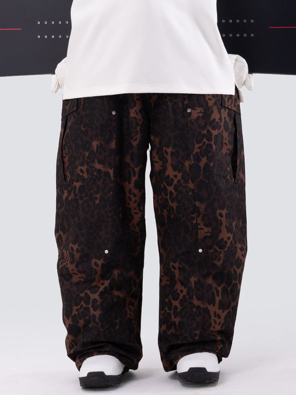 Herren-Skihose mit doppeltem Knieausschnitt, Leopardenmuster, weit geschnitten, für Mountain Freestyle, Baggy-Stil