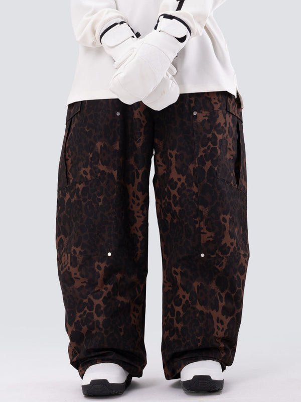 Damen-Skihose mit doppeltem Knie, Leopardenmuster, weit geschnitten, für Mountain Freestyle, Baggy-Stil