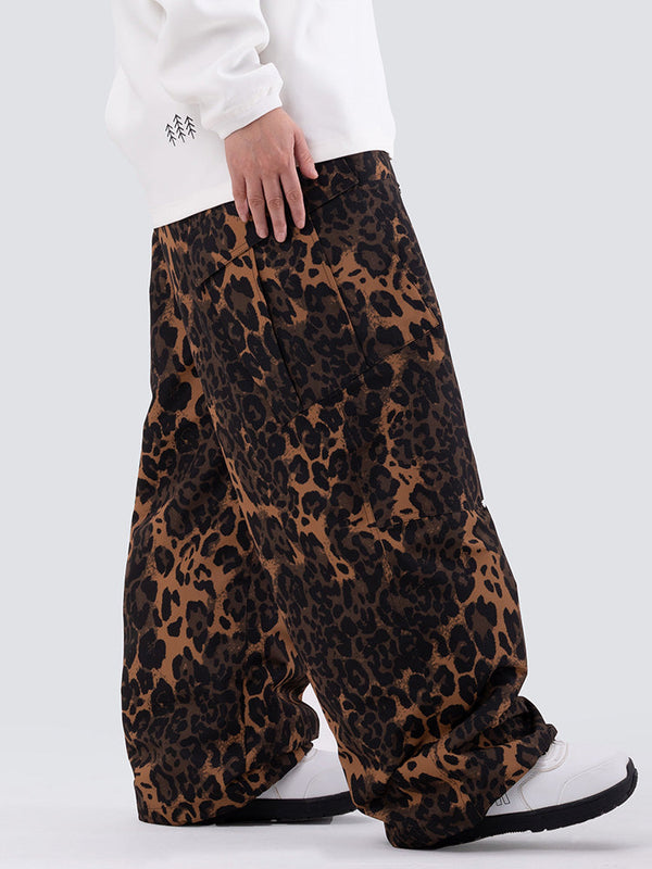 Damen-Skihose mit doppeltem Knie, Leopardenmuster, weit geschnitten, für Mountain Freestyle, Baggy-Stil