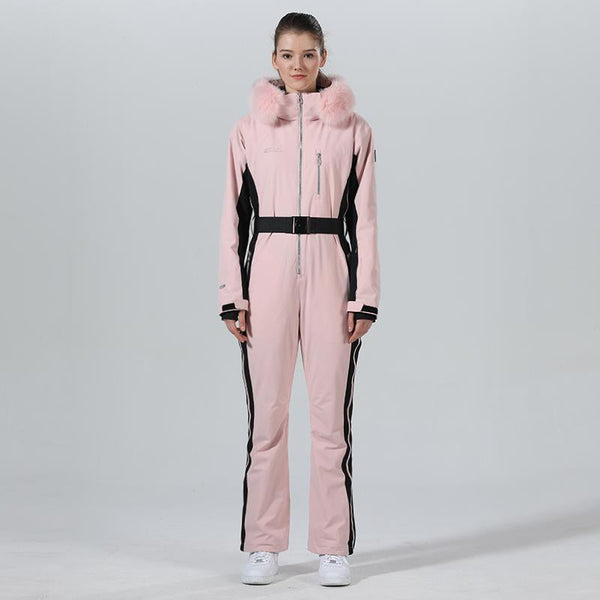 High Experience Women's Winter Fur Hood Chic One Piece Pink Ski Jumpsuit