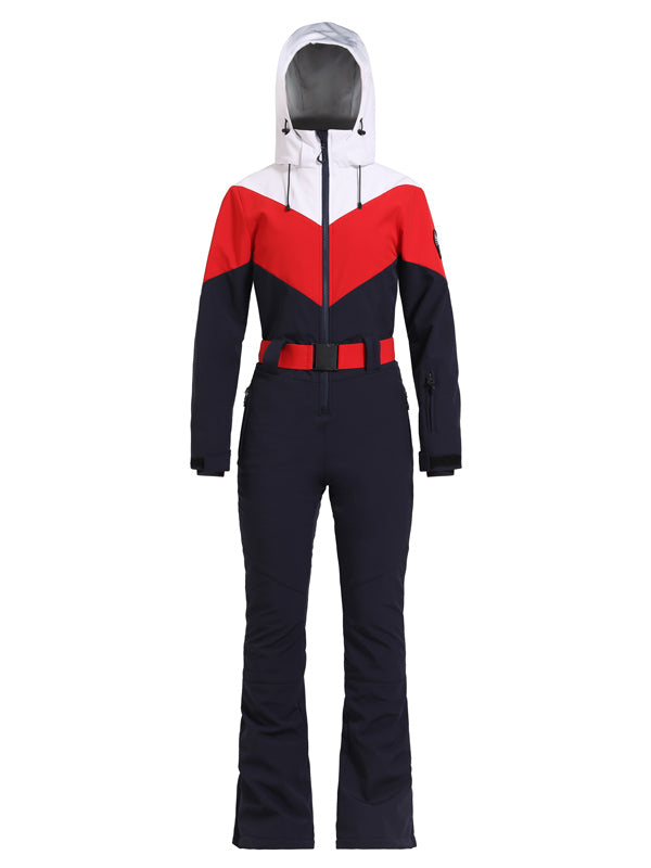 Gsou Snow Retro Damen-Skianzug mit Gürtel und farblich abgesetztem ausgestelltem Bein
