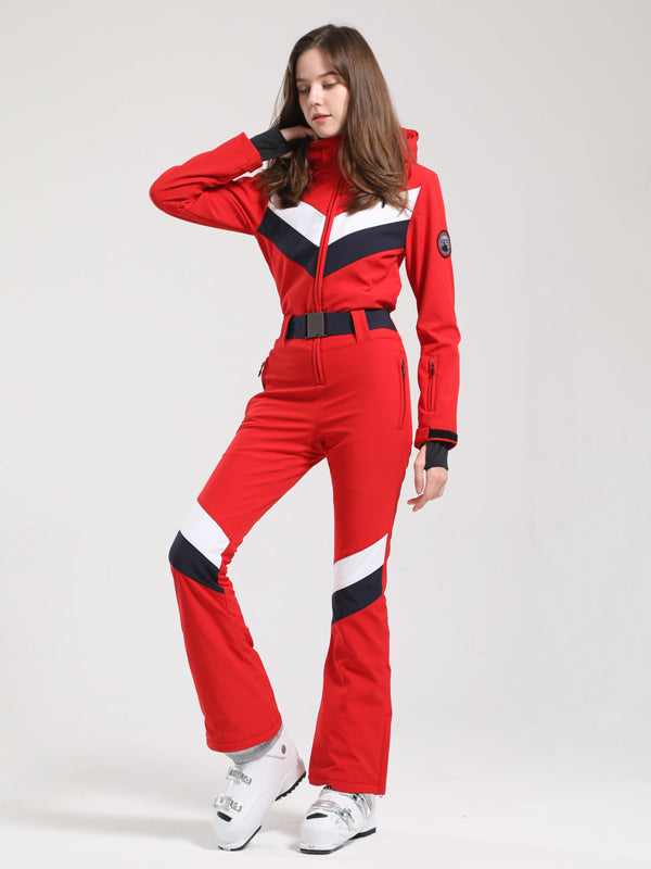 Gsou Snow Retro Damen-Skianzug mit Gürtel, V-Streifen und ausgestelltem Bein