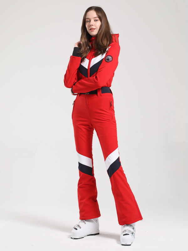 Gsou Snow Retro Damen-Skianzug mit Gürtel, V-Streifen und ausgestelltem Bein
