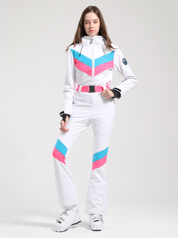 Gsou Snow Retro Damen-Skianzug mit Gürtel, V-Streifen und ausgestelltem Bein