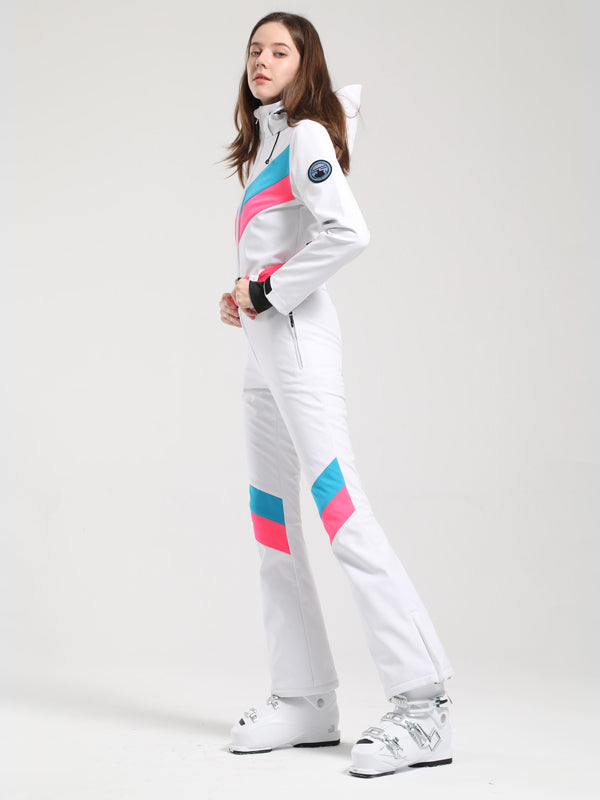 Gsou Snow Retro Damen-Skianzug mit Gürtel, V-Streifen und ausgestelltem Bein