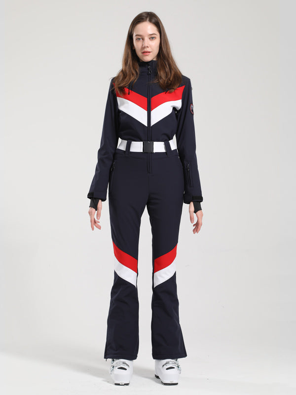 Gsou Snow Retro Damen-Skianzug mit Gürtel, V-Streifen und ausgestelltem Bein
