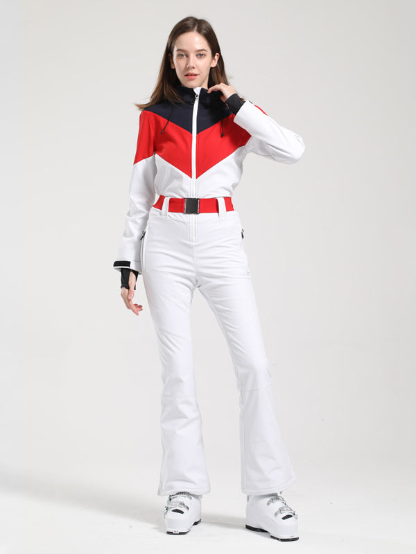 Gsou Snow Retro Damen-Skianzug mit Gürtel und farblich abgesetztem ausgestelltem Bein