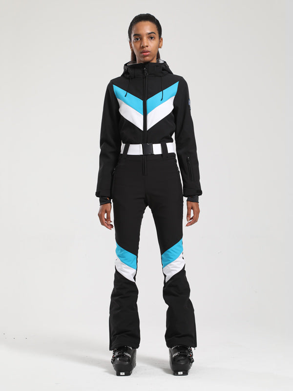 Gsou Snow Retro Damen-Einteiler mit Gürtel, V-Streifen und ausgestelltem Bein