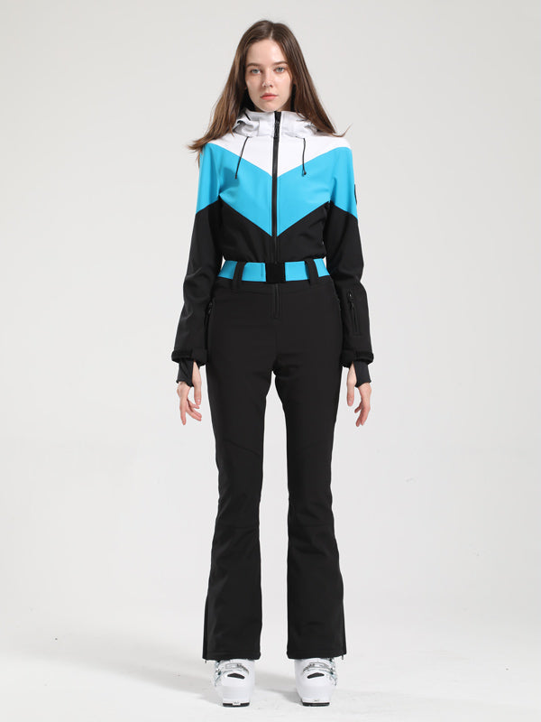 Gsou Snow Retro Damen-Skianzug mit Gürtel und farblich abgesetztem ausgestelltem Bein