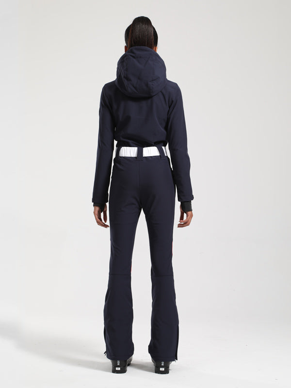 Gsou Snow Retro Damen-Einteiler mit Gürtel, V-Streifen und ausgestelltem Bein