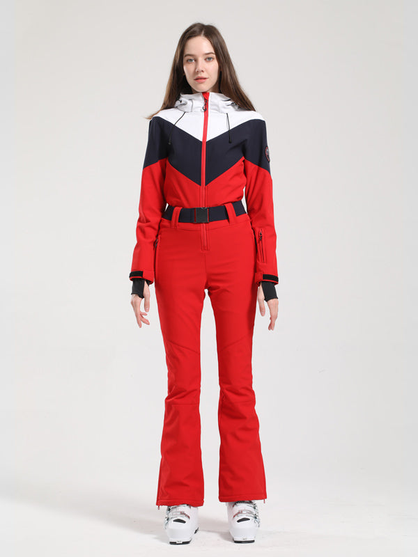 Gsou Snow Retro Damen-Skianzug mit Gürtel und farblich abgesetztem ausgestelltem Bein
