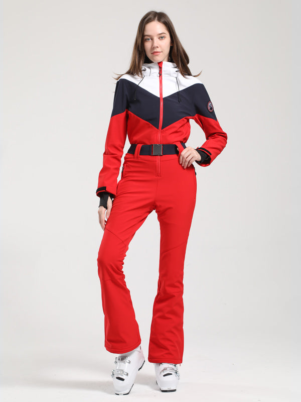 Gsou Snow Retro Damen-Skianzug mit Gürtel und farblich abgesetztem ausgestelltem Bein