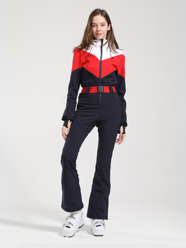 Gsou Snow Retro Damen-Skianzug mit Gürtel und farblich abgesetztem ausgestelltem Bein