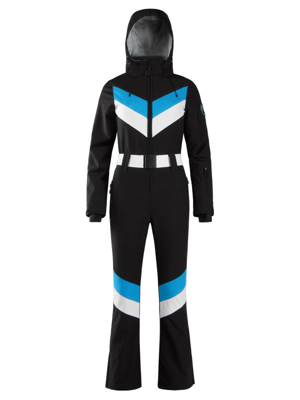 Gsou Snow Retro Damen-Skianzug mit Gürtel, V-Streifen und ausgestelltem Bein