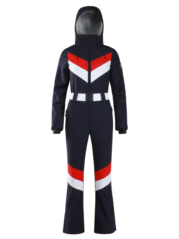 Gsou Snow Retro Damen-Skianzug mit Gürtel, V-Streifen und ausgestelltem Bein