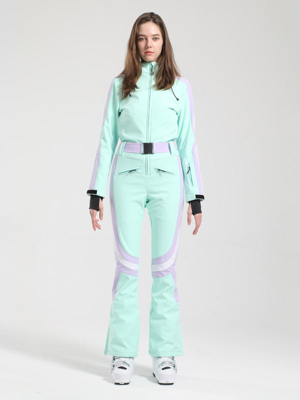 Women's Gsou Snow Retro Belted Stripe Flare Ski Suit
