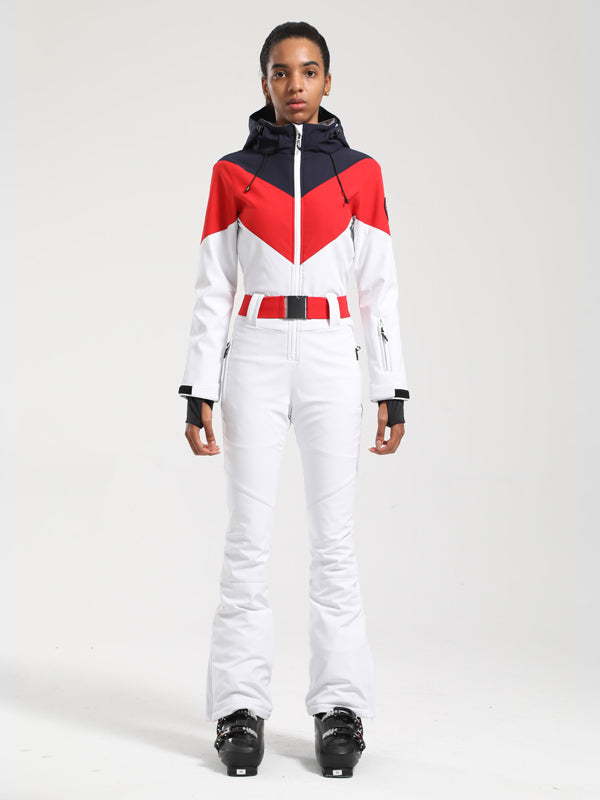 Women's Gsou Snow Retro Belted Color-Blocked Flare One Piece Ski Suit
