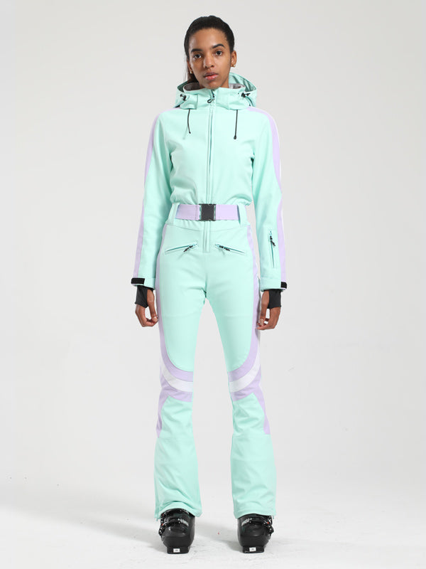 Women's Gsou Snow Retro Belted Stripe Flare One Piece Ski Suit