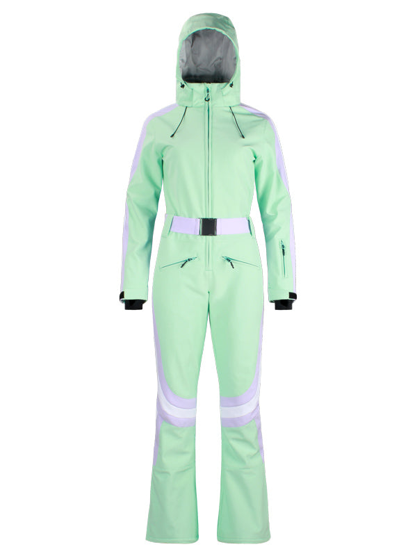 Women's Gsou Snow Retro Belted Stripe Flare One Piece Ski Suit