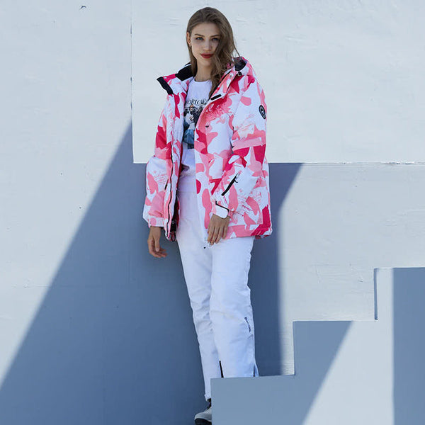 Zweiteiliger, isolierter Schneeanzug Arctic Queen für Damen aus rosafarbenem Gänseleder