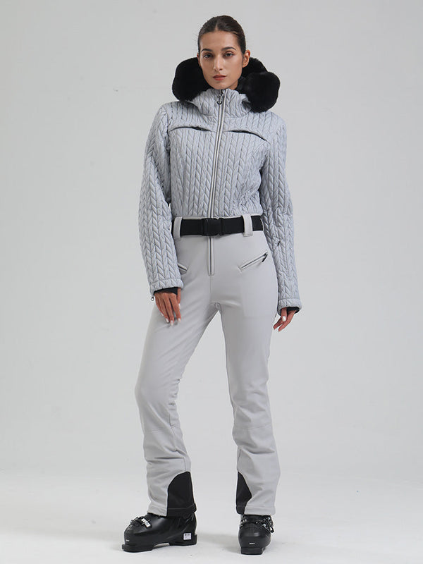 Gsou Snow Mountain Chic Damen-Skianzug mit Kunstpelzbesatz und ausgestelltem Bein