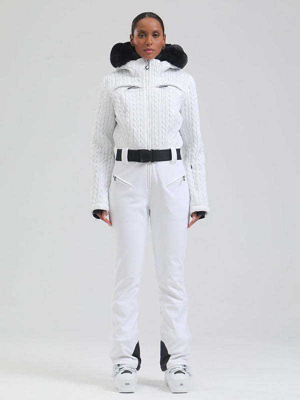 Gsou Damen-Skioverall „Snow Mountain Chic“ mit Kunstpelzbesatz und ausgestelltem Bein