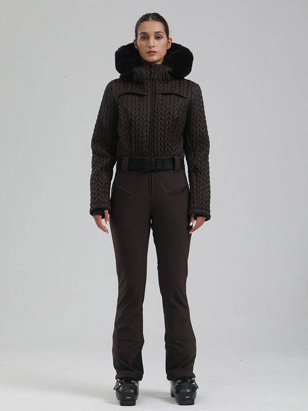 Gsou Snow Mountain Chic Damen-Skianzug mit Kunstpelzbesatz und ausgestelltem Bein