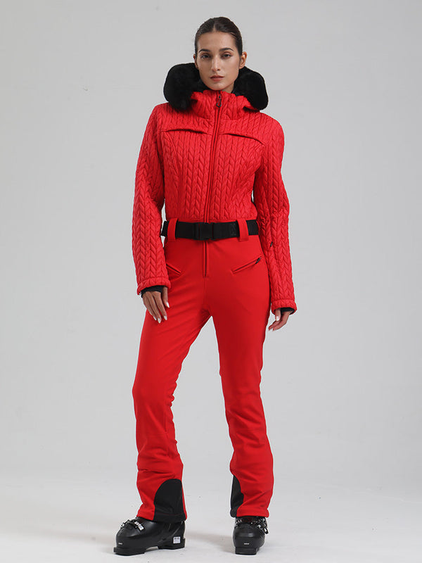 Gsou Snow Mountain Chic Damen-Skianzug mit Kunstpelzbesatz und ausgestelltem Bein