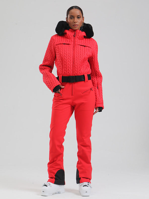 Gsou Damen-Skioverall „Snow Mountain Chic“ mit Kunstpelzbesatz und ausgestelltem Bein