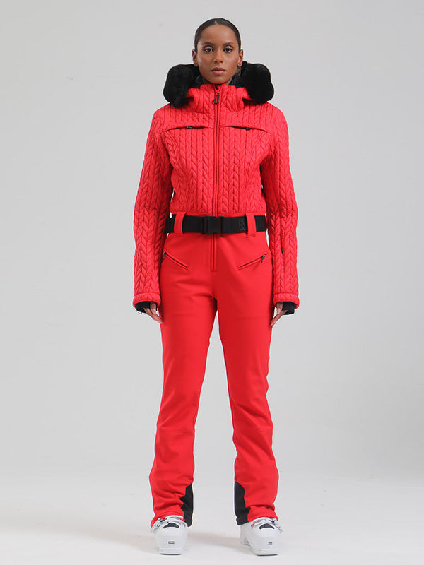 Gsou Damen-Skioverall „Snow Mountain Chic“ mit Kunstpelzbesatz und ausgestelltem Bein
