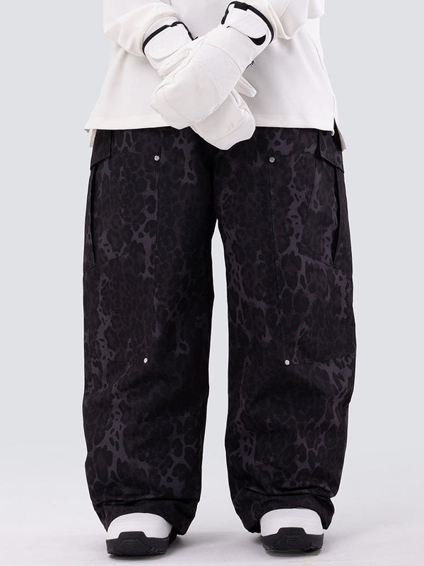 Damen-Skihose mit doppeltem Knie, Leopardenmuster, weit geschnitten, für Mountain Freestyle, Baggy-Stil