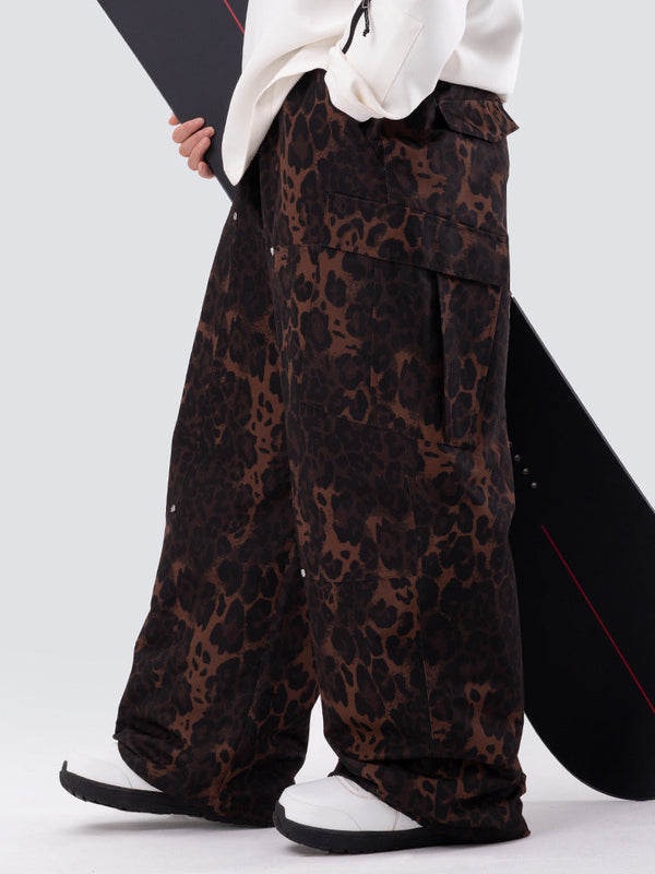 Herren-Skihose mit doppeltem Knieausschnitt, Leopardenmuster, weit geschnitten, für Mountain Freestyle, Baggy-Stil