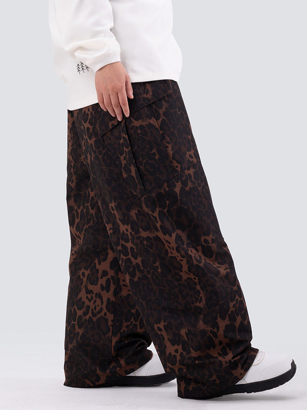 Damen-Skihose mit doppeltem Knie, Leopardenmuster, weit geschnitten, für Mountain Freestyle, Baggy-Stil